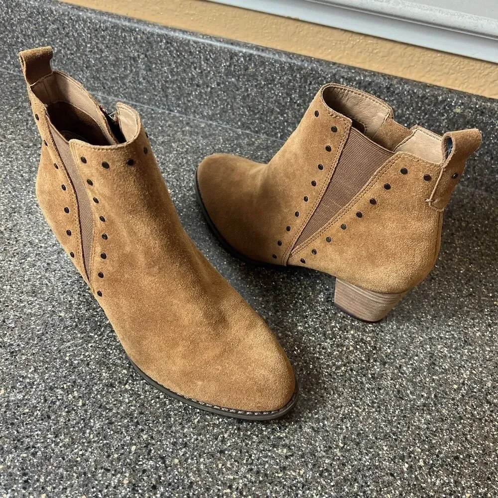 Vionic Rust/Tan Suede Ankle Bootie Zip Womens 7.5 Wide Block Heel Comfort Casual